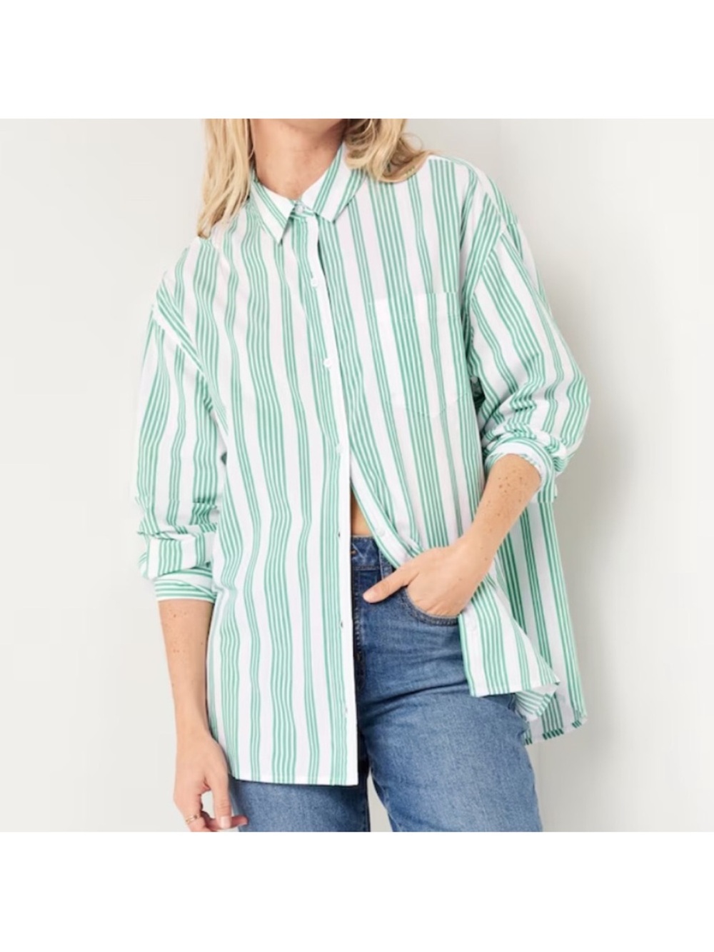 Old Navy Green and White Vertical Stripe Button-Down Shirt